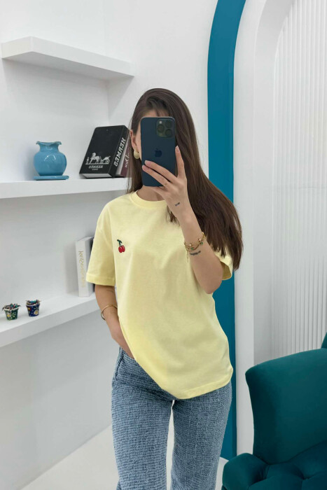 CHERRY LOGO ONE COLOR ROUND NECK WOMEN T-SHIRT YELLOW/E VERDHE 