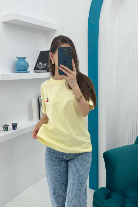 CHERRY LOGO ONE COLOR ROUND NECK WOMEN T-SHIRT YELLOW/E VERDHE - 3