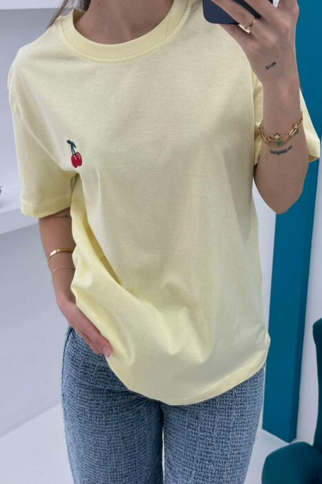 CHERRY LOGO ONE COLOR ROUND NECK WOMEN T-SHIRT YELLOW/E VERDHE - 5