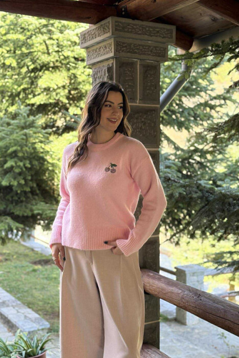 CHERRY LOGO ROUND NECK WOMEN SWEATER PINK/ROZE - 1