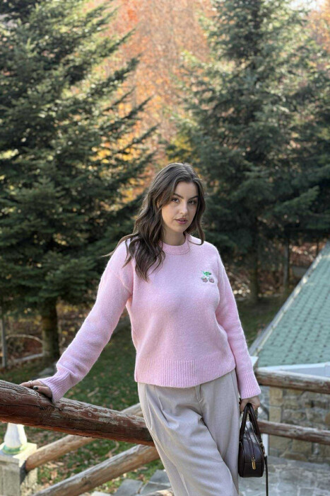 CHERRY LOGO ROUND NECK WOMEN SWEATER PINK/ROZE - 3