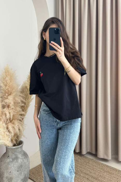 CHERRY PRINT ROUND NECK WOMEN T-SHIRT IN BLACK COLOR 