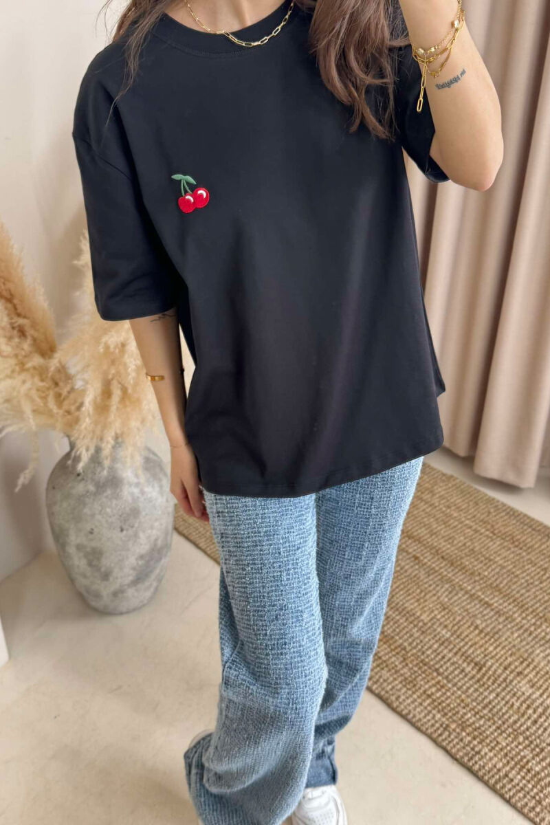 CHERRY PRINT ROUND NECK WOMEN T-SHIRT IN BLACK COLOR - 2