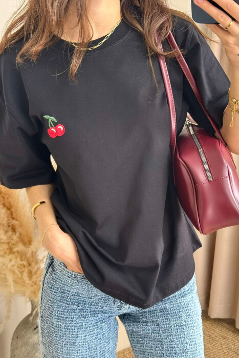CHERRY PRINT ROUND NECK WOMEN T-SHIRT IN BLACK COLOR - 3