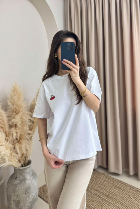 CHERRY PRINT ROUND NECK WOMEN T-SHIRT IN WHITE COLOR - 1