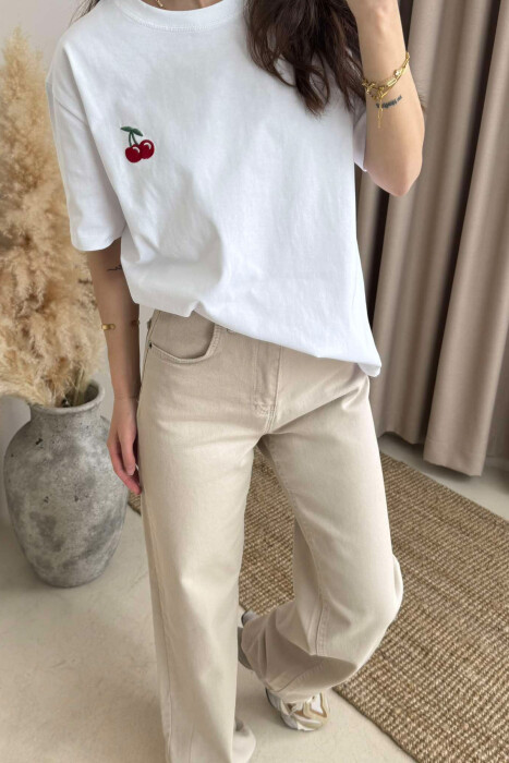 CHERRY PRINT ROUND NECK WOMEN T-SHIRT IN WHITE COLOR - 2