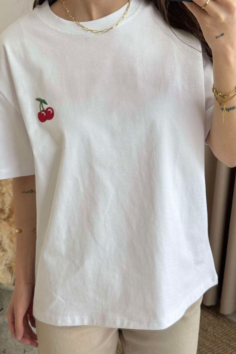 CHERRY PRINT ROUND NECK WOMEN T-SHIRT IN WHITE COLOR - 3