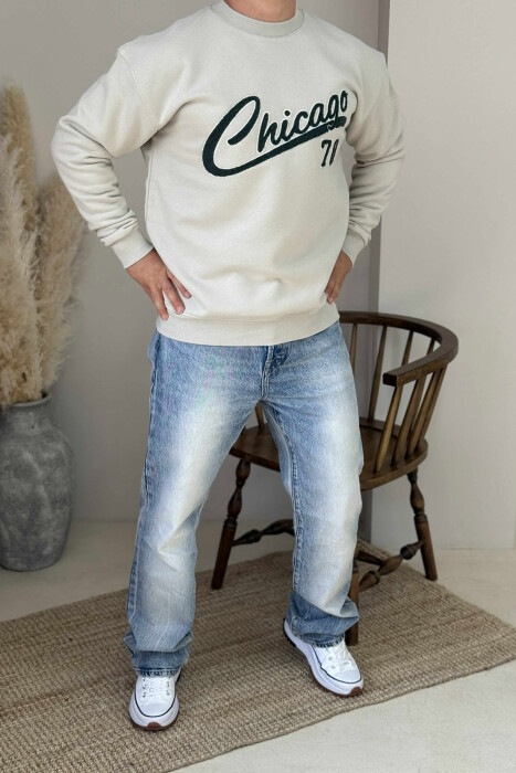 CHICAGO FRONT WRITTING FLUFFY MEN SWEATSHIRT GREY/GRI - KLAUDIO FASHION