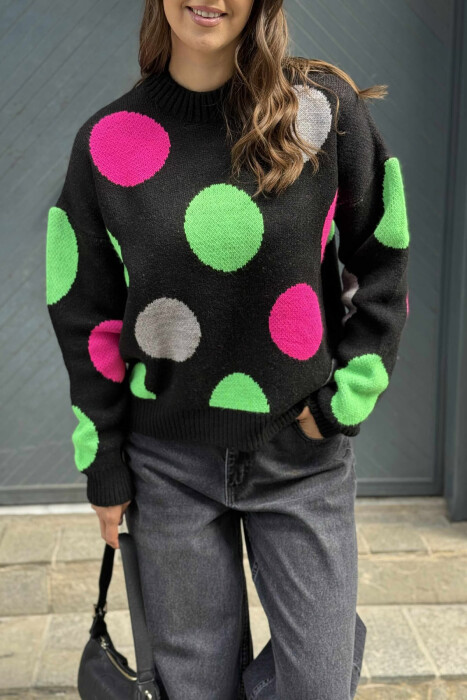 CIRCLES DESIGN HIGH NECK WOMEN SWEATER BLACK/ E ZEZE - 4