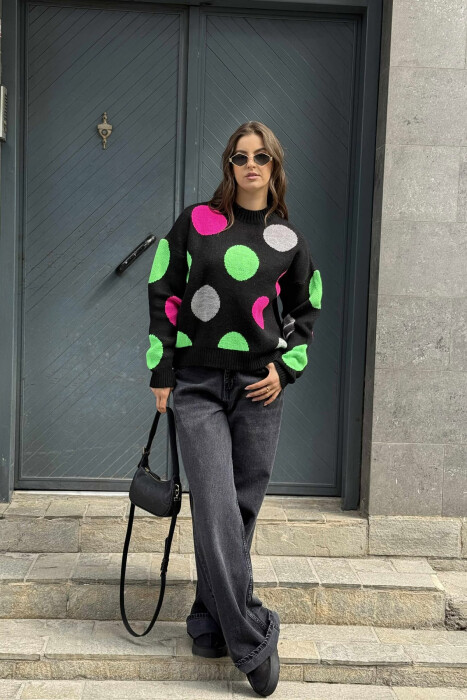 CIRCLES DESIGN HIGH NECK WOMEN SWEATER BLACK/ E ZEZE 