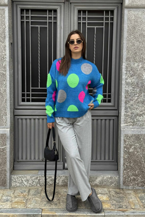 CIRCLES DESIGN HIGH NECK WOMEN SWEATER BLUE/BLU 