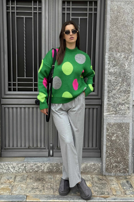 CIRCLES DESIGN HIGH NECK WOMEN SWEATER GREEN/JESHILE 