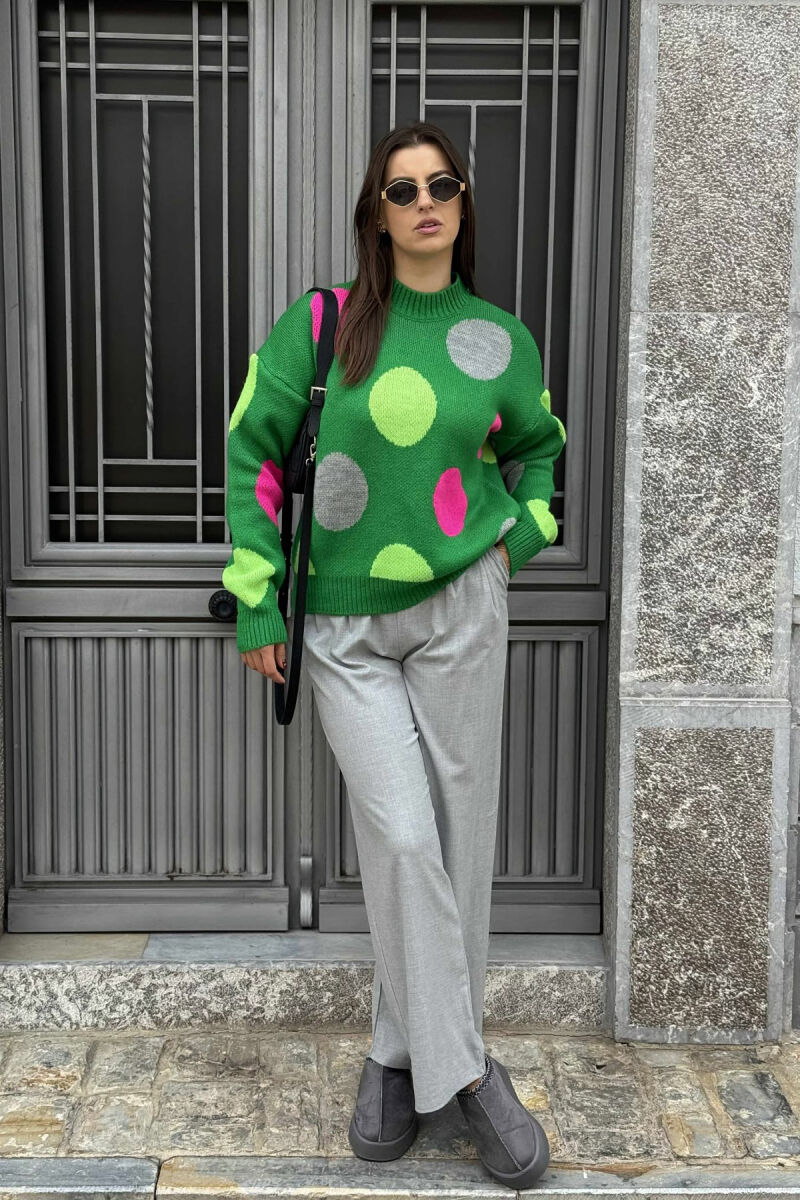 CIRCLES DESIGN HIGH NECK WOMEN SWEATER GREEN/JESHILE - 1