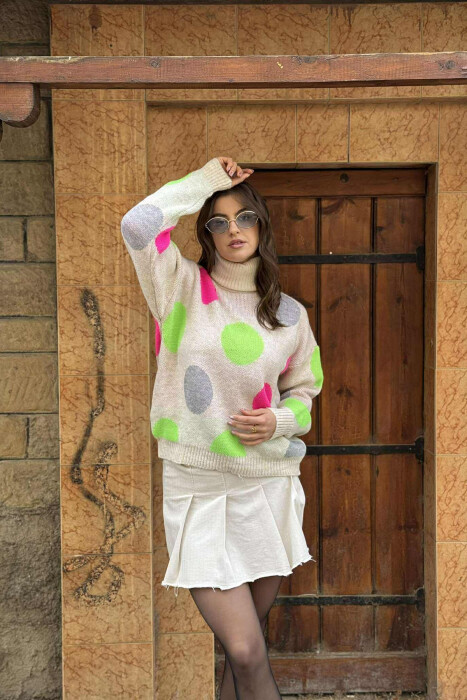 CIRCLES DESIGN TURTLE NECK WOMEN SWEATER BEIGE/BEZHE - 2