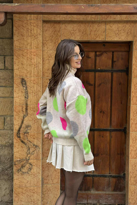 CIRCLES DESIGN TURTLE NECK WOMEN SWEATER BEIGE/BEZHE - 3