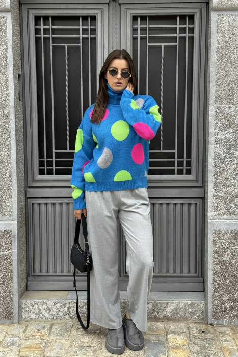 CIRCLES DESIGN TURTLE NECK WOMEN SWEATER BLUE/BLU - 