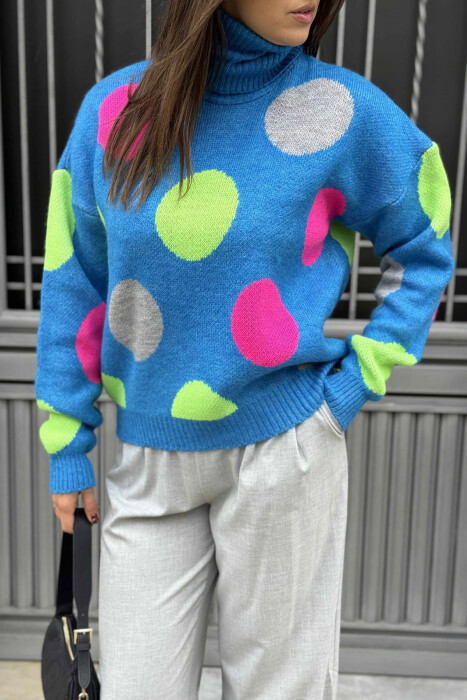 CIRCLES DESIGN TURTLE NECK WOMEN SWEATER BLUE/BLU - 4