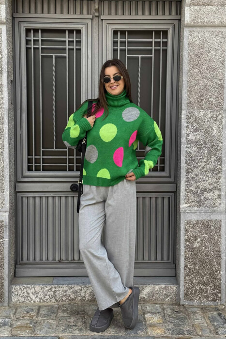 CIRCLES DESIGN TURTLE NECK WOMEN SWEATER GREEN/JESHILE - 1