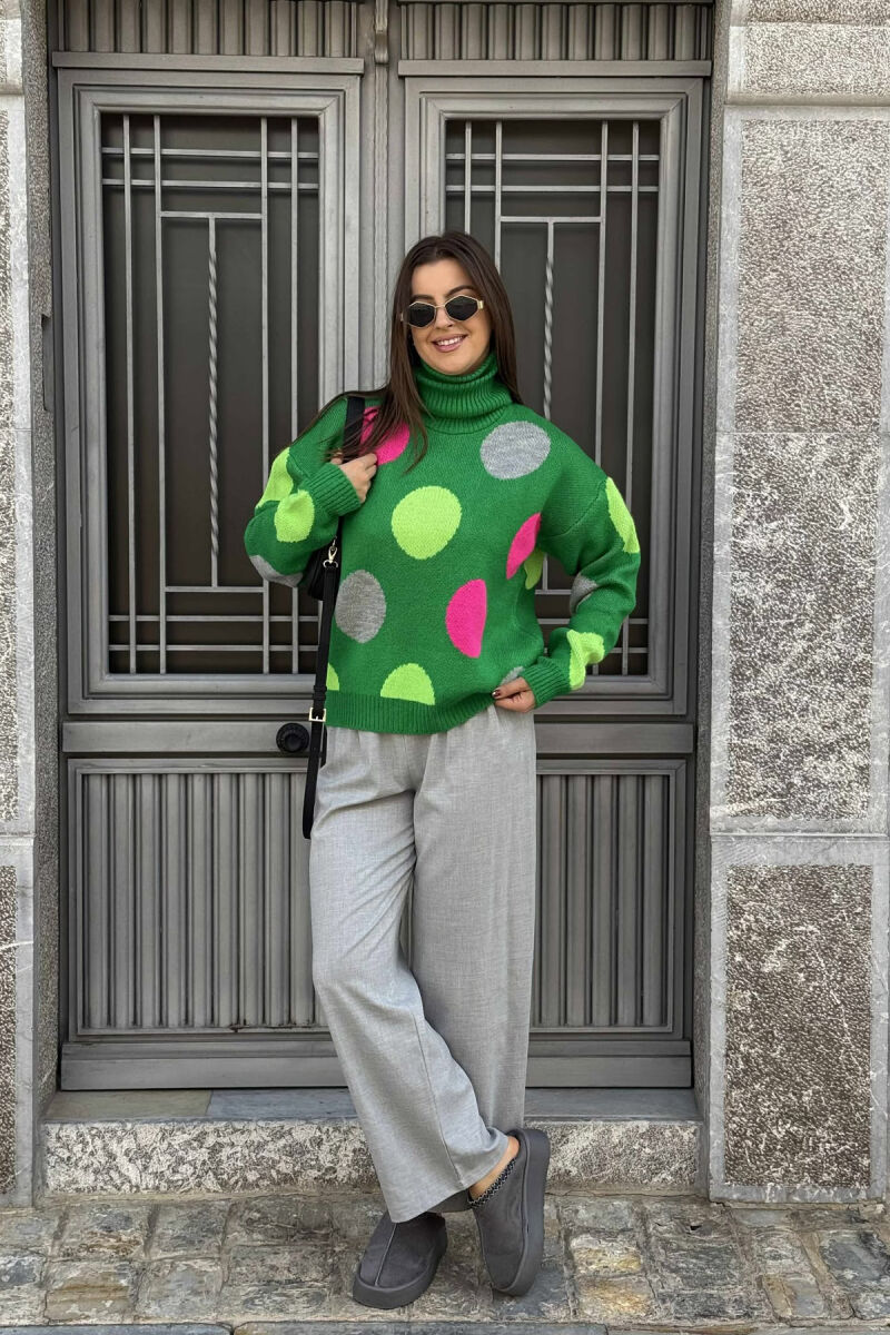 CIRCLES DESIGN TURTLE NECK WOMEN SWEATER GREEN/JESHILE - 1