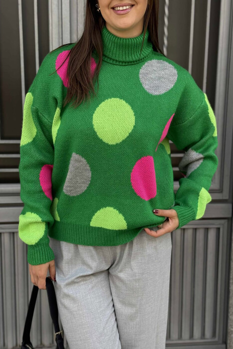 CIRCLES DESIGN TURTLE NECK WOMEN SWEATER GREEN/JESHILE - 4