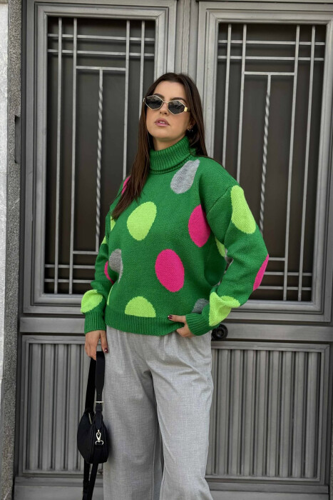 CIRCLES DESIGN TURTLE NECK WOMEN SWEATER GREEN/JESHILE - 2