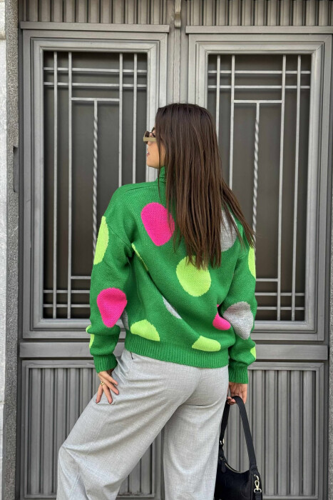 CIRCLES DESIGN TURTLE NECK WOMEN SWEATER GREEN/JESHILE - 3