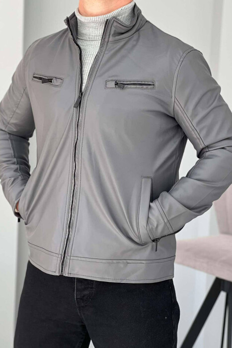 CLASSIC BIKER MEN JACKET IN GREY COLOR 