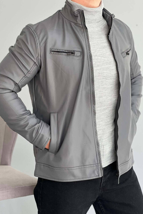 CLASSIC BIKER MEN JACKET IN GREY COLOR - 2