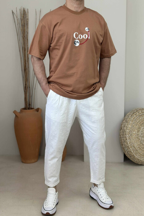 COOL WRITTING MOON FRONT & BACK DESIGN MEN T-SHIRT LIGHT BROWN/KAZB 
