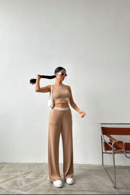 COTTON CROP+WIDE LEG SWEATPANTS WOMAN SET BEIGE/BEZHE 