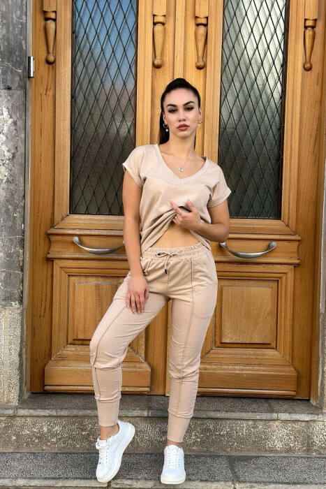 COTTON ONE COLOR V NECK WOMAN SET BEIGE/BEZHE - 1