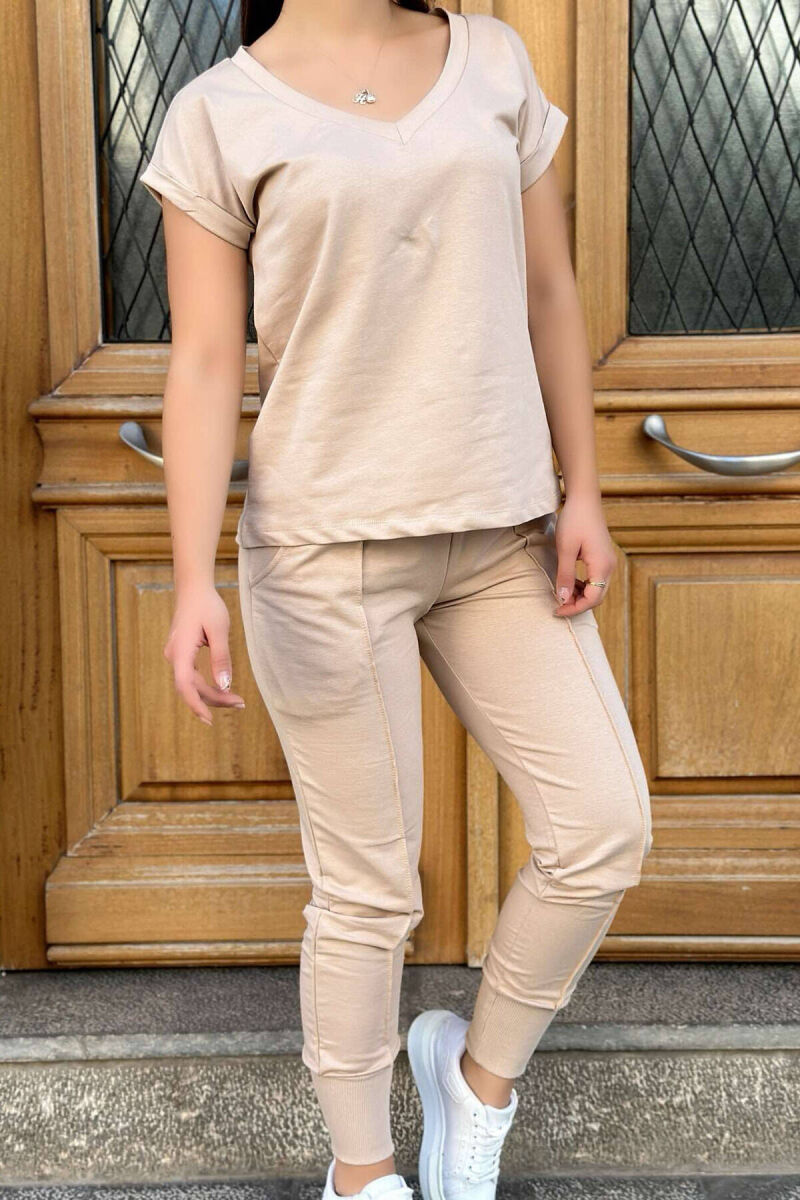 COTTON ONE COLOR V NECK WOMAN SET BEIGE/BEZHE - 2