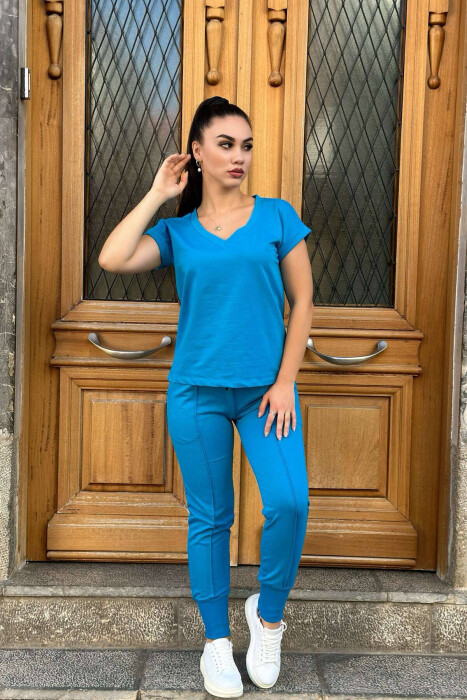 COTTON ONE COLOR V NECK WOMAN SET BLUE STONE/GK 