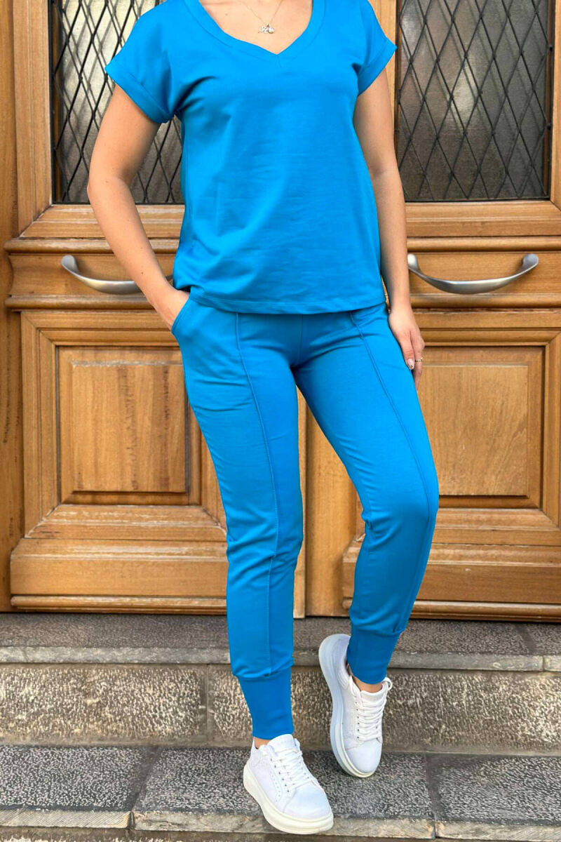 COTTON ONE COLOR V NECK WOMAN SET BLUE STONE/GK - 2