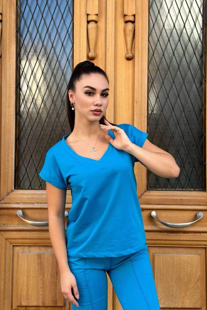 COTTON ONE COLOR V NECK WOMAN SET BLUE STONE/GK - 3