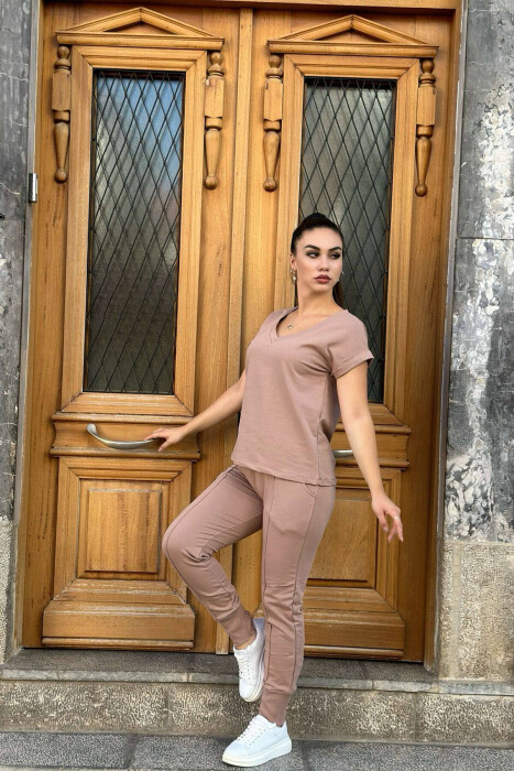 COTTON ONE COLOR V NECK WOMAN SET DARK BEIGE/BEZHE ERRET - 1