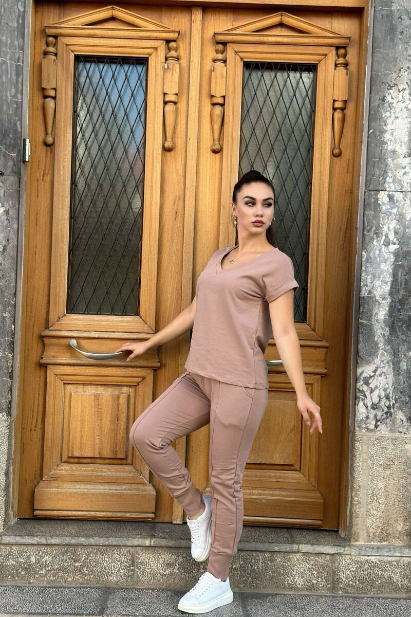COTTON ONE COLOR V NECK WOMAN SET DARK BEIGE/BEZHE ERRET - 1