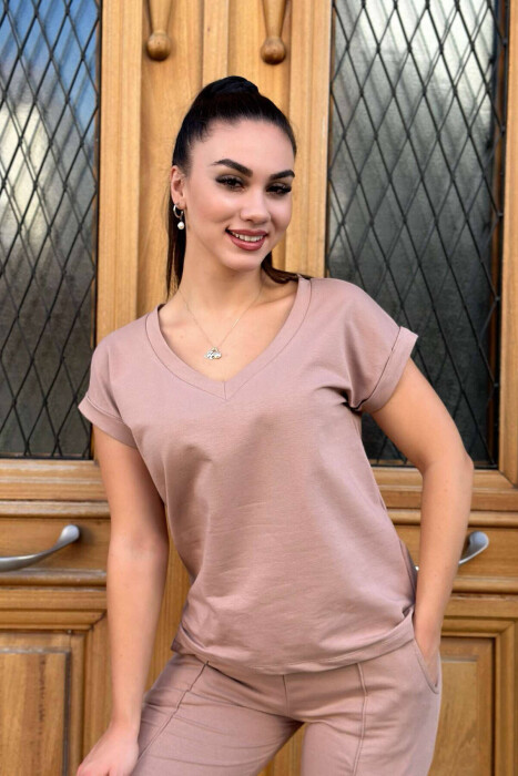 COTTON ONE COLOR V NECK WOMAN SET DARK BEIGE/BEZHE ERRET - 3
