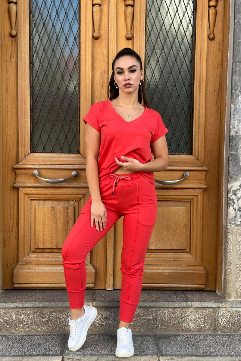 COTTON ONE COLOR V NECK WOMAN SET ORANGE/PORTOKALLI - 1