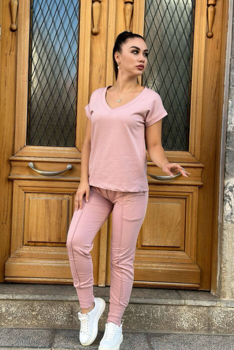 COTTON ONE COLOR V NECK WOMAN SET POWDER/PUDER 