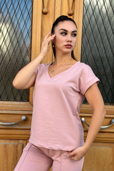 COTTON ONE COLOR V NECK WOMAN SET POWDER/PUDER - 2