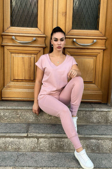 COTTON ONE COLOR V NECK WOMAN SET POWDER/PUDER - 3