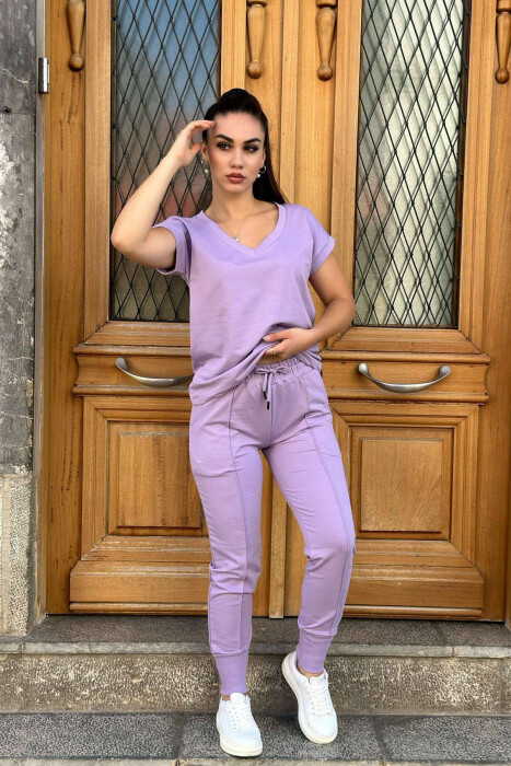 COTTON ONE COLOR V NECK WOMAN SET PURPLE/LEJLA 