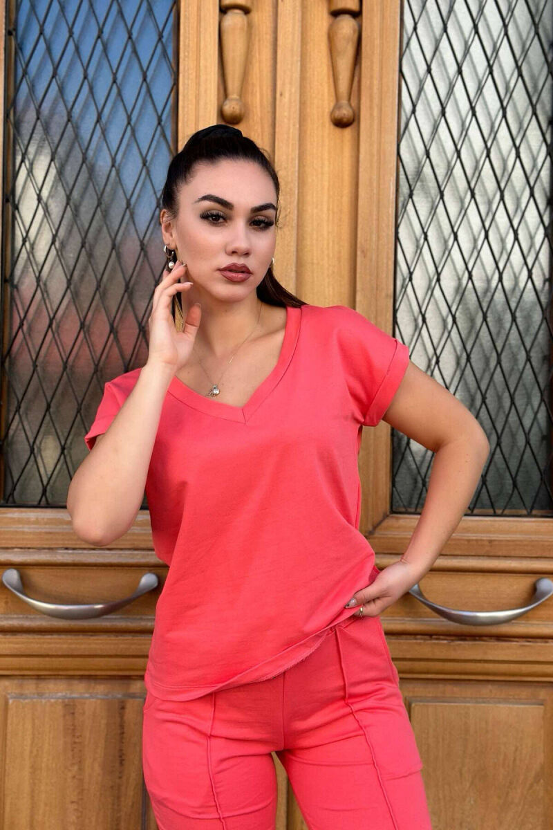 COTTON ONE COLOR V NECK WOMAN SET SALMON/SALMON - 2