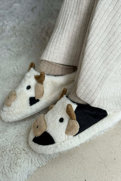 COW FACE TEDDY WOMAN SLIPPERS WHITE-BLACK/BAZE - KLAUDIO FASHION