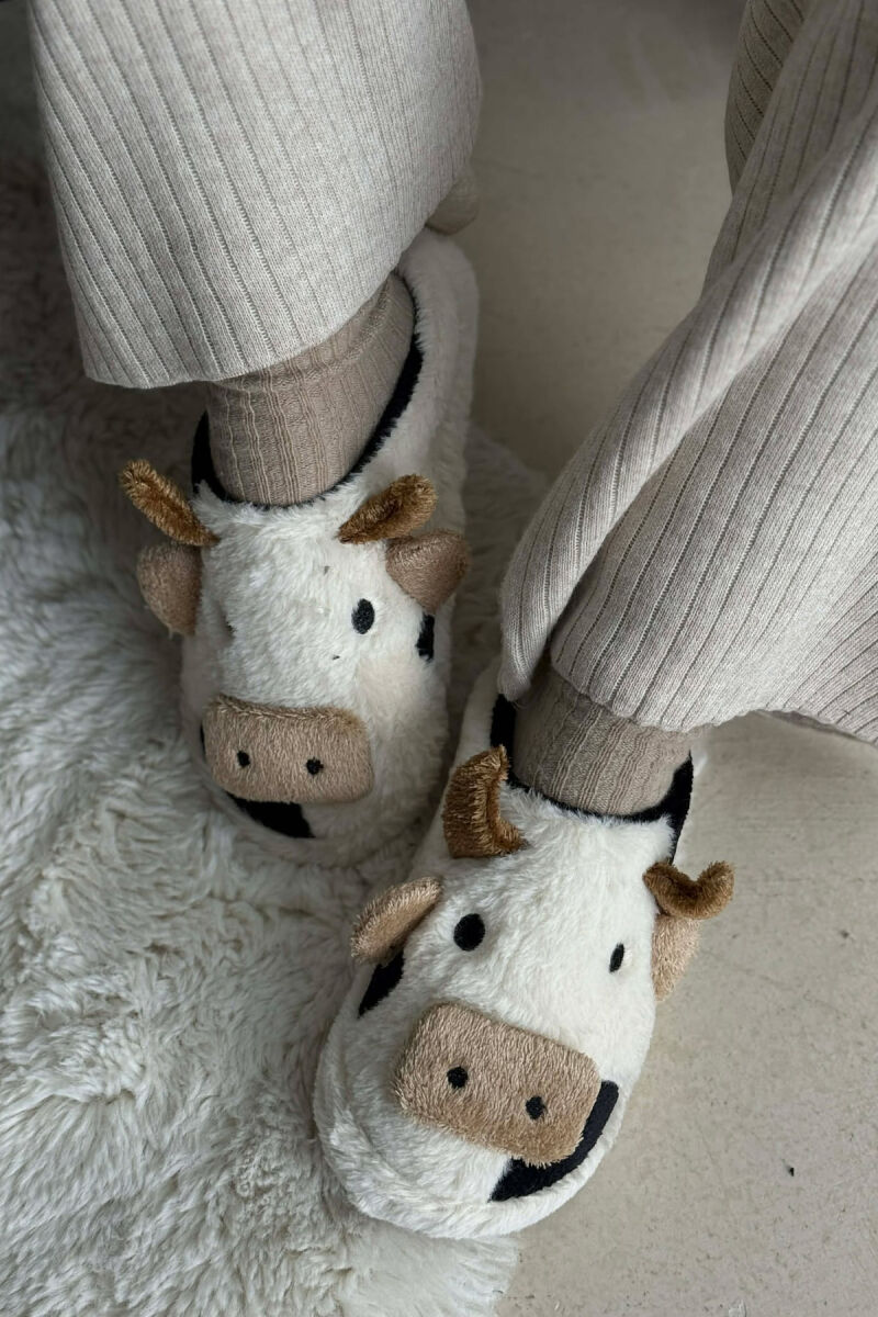 COW FACE TEDDY WOMAN SLIPPERS WHITE-BLACK/BAZE - 2
