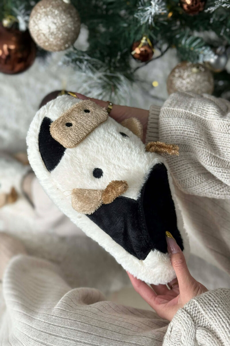 COW FACE TEDDY WOMAN SLIPPERS WHITE-BLACK/BAZE - 3