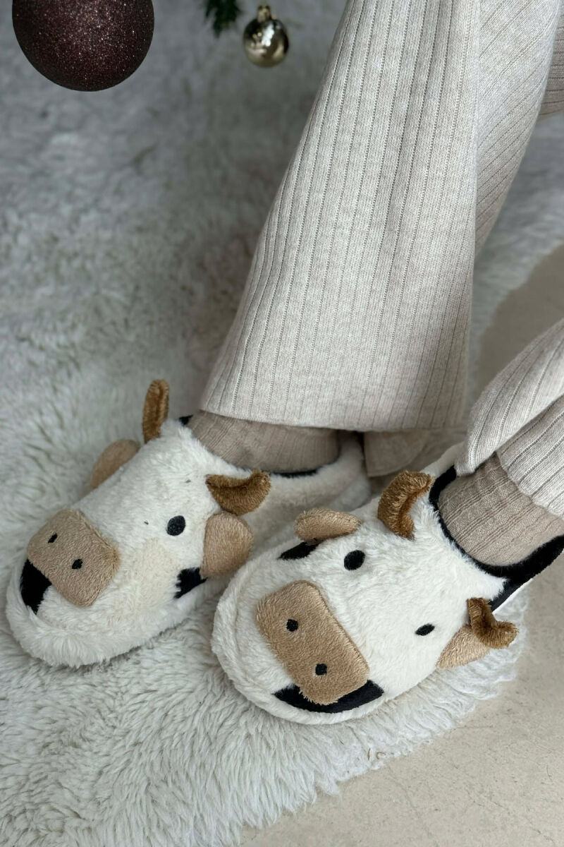 COW FACE TEDDY WOMAN SLIPPERS WHITE-BLACK/BAZE - 4