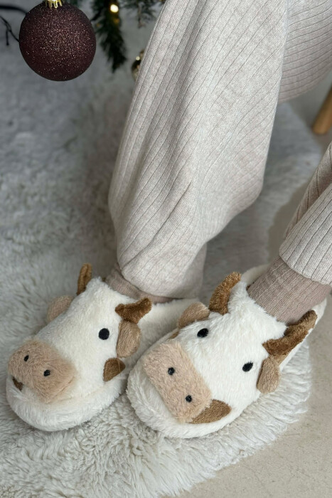 COW FACE TEDDY WOMAN SLIPPERS WHITE-BROWN/BAKA - 1