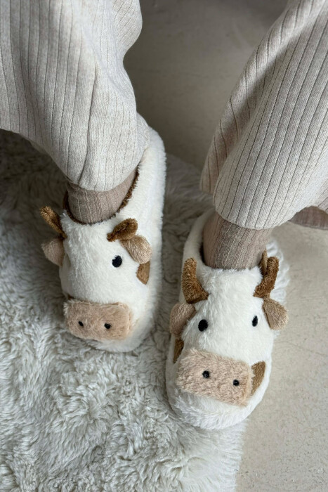 COW FACE TEDDY WOMAN SLIPPERS WHITE-BROWN/BAKA - 2
